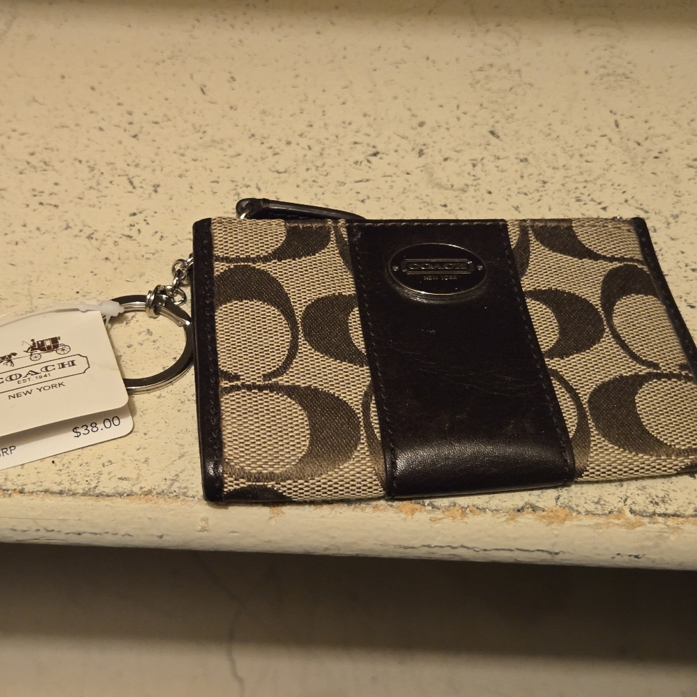 Coach Signature Brown and Cream Keychain Wallet